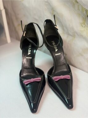 Prada Black Leather Pointed Toe Heels with Pink Bow Accent